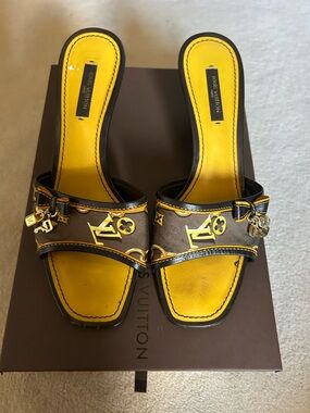 Louis Vuitton Brown Monogram Slides with Yellow Insole and Gold Hardware